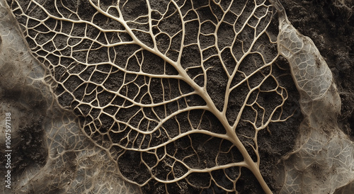 Uma foto macro detalhada captura as veias intrincadas de uma folha caída de outono, cercada pelos tons terrosos do solo externo. Cada linha e variação de cor é destacada pelo calor, difuso photo