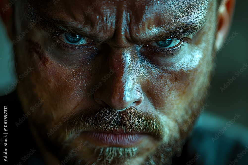 Obraz premium Intense close-up of determined man with piercing blue eyes and rugged beard
