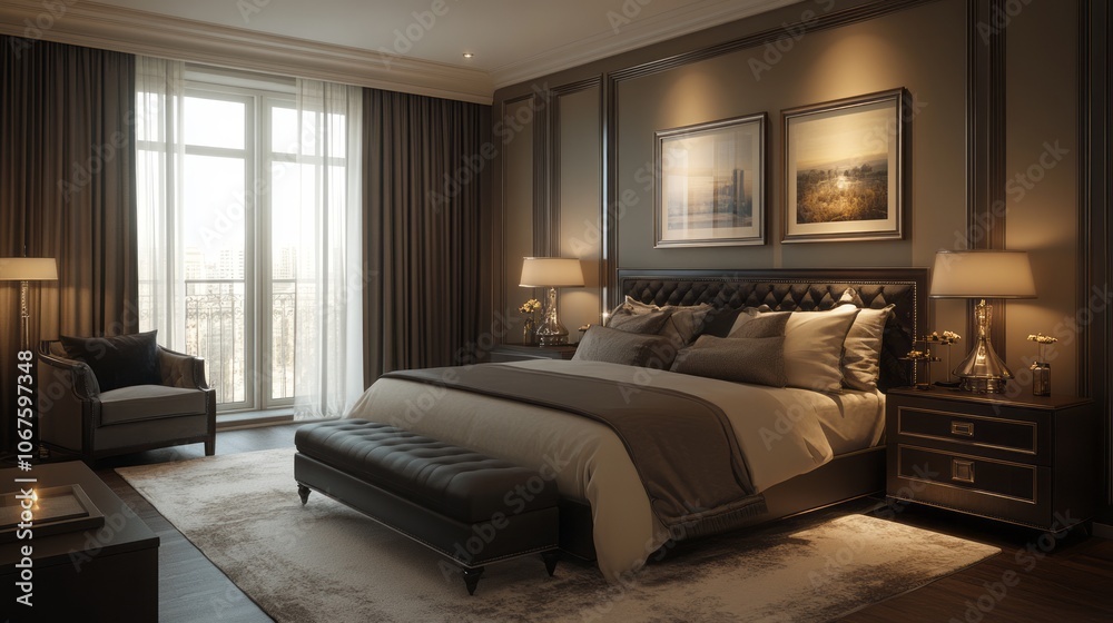 Luxurious Bedroom with Elegant Furniture and City View Luxurious Bedroom with Elegant Furniture and City View