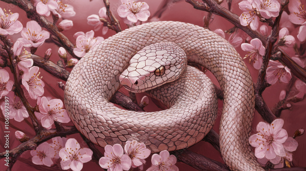 Fototapeta premium serene snake nestled among blooming plum branches creates tranquil scene. delicate pink flowers contrast beautifully with snakes textured scales, evoking sense of harmony in nature