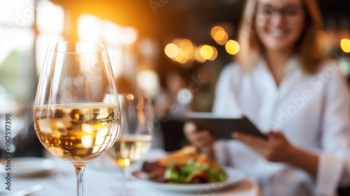 A clear glass of white wine takes center stage against a blurred backdrop of a woman in a dining setting, emphasizing reflection and serenity.