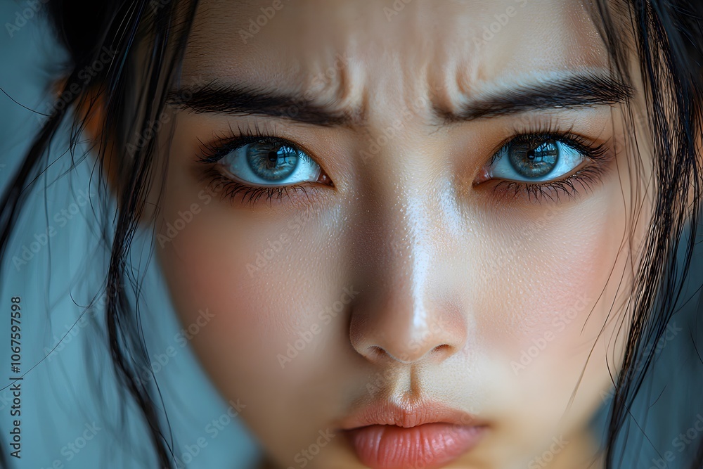 Fototapeta premium Intense blue eyes of a young woman conveying deep emotion and focus in close-up portrait