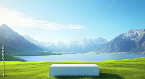 Uma renderização 3D em perspectiva de um pódio branco minimalista no primeiro plano de um vasto campo gramado, com vista para um lago e emoldurado por montanhas altas cobertas de neve.  photo