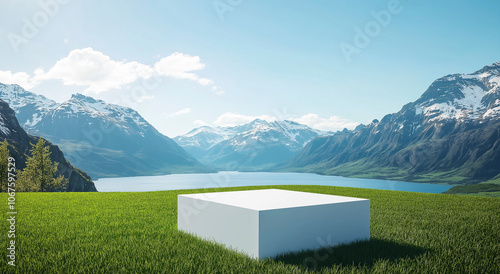 Uma renderização 3D em perspectiva de um pódio branco minimalista no primeiro plano de um vasto campo gramado, com vista para um lago e emoldurado por montanhas altas cobertas de neve.  photo