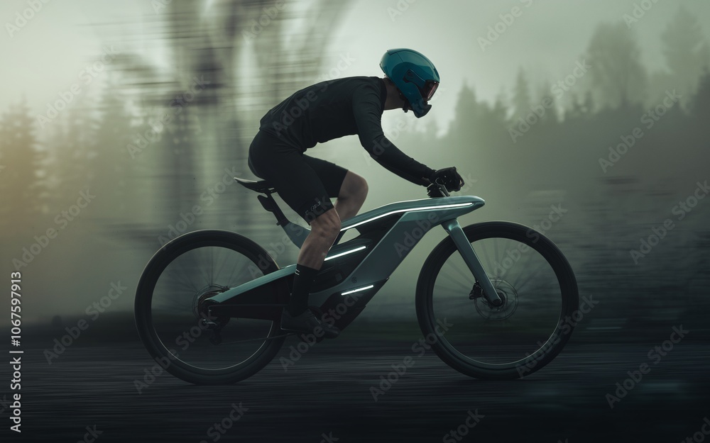 Obraz premium Electric Bike Rider in Misty Forest: A cyclist speeds down a forest road on a sleek, futuristic electric bike, the misty atmosphere adding to the sense of adventure and speed.