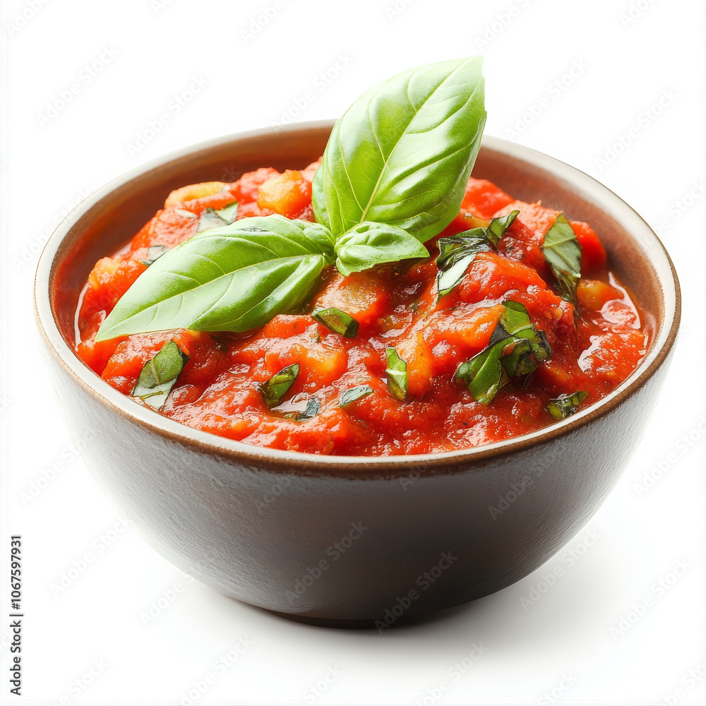 A bowl of rich tomato sauce with a basil leaf, isolated on a white background, showcasing a pasta accompaniment A bowl of rich tomato sauce with a basil leaf, isolated on a white background, showcasing a pasta accompaniment