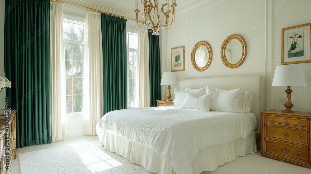 Fototapeta premium Luxurious Bedroom Interior with Green Curtains and White Bedding