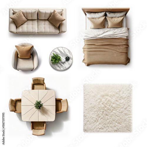 Furniture top view set: beige sofa, bed, armchair, coffee table, dining table, and a fluffy rug. Home floor plan related objects collection isolated on white background. 