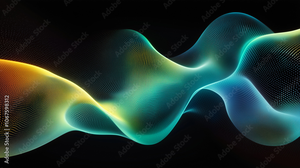 Glowing green cyan light wave patten in black background grainy gradient noise texture poster banner backdrop abstract design Glowing green cyan light wave patten in black background grainy gradient noise texture poster banner backdrop abstract design