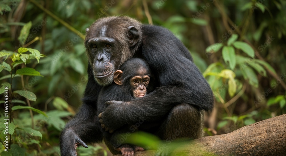 Fototapeta premium Mother chimpanzee cradling her young in the wild