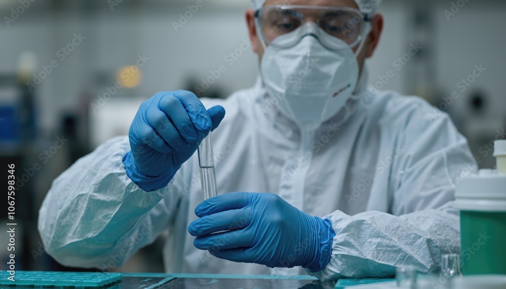 A scientist in full protective gear holding a test tube, wearing goggles, mask and blue gloves for laboratory research. A close-up of safety and scientific research.