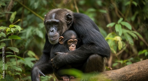 Mother chimpanzee cradling her young in the wild