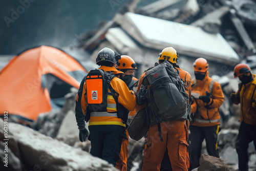 International search and rescue team working together after a natural disaster, collapsed buildings and tents in the background.