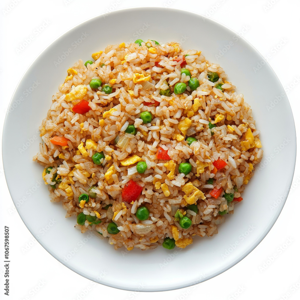 A plate of fried rice with vegetables, isolated on a white background, showcasing a colorful and flavorful dish A plate of fried rice with vegetables, isolated on a white background, showcasing a colorful and flavorful dish