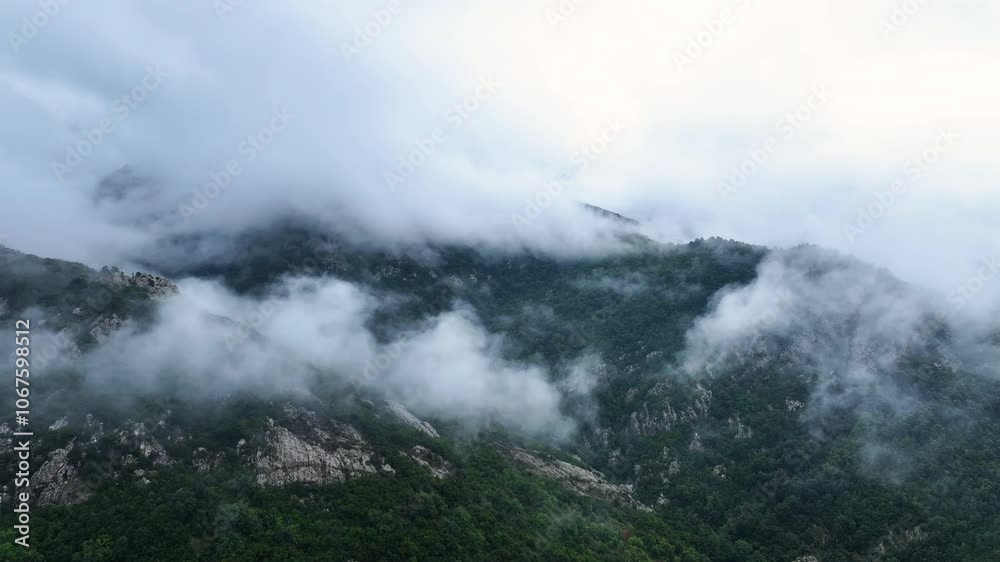 Misty clouds drift over lush green mountains in a serene landscape during early morning, revealing rugged terrain and tranquil natural beauty Misty clouds drift over lush green mountains in a serene landscape during early morning, revealing rugged terrain and tranquil natural beauty