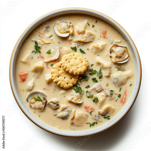 A bowl of creamy clam chowder with oyster crackers, isolated on a white background, showcasing a seafood dish