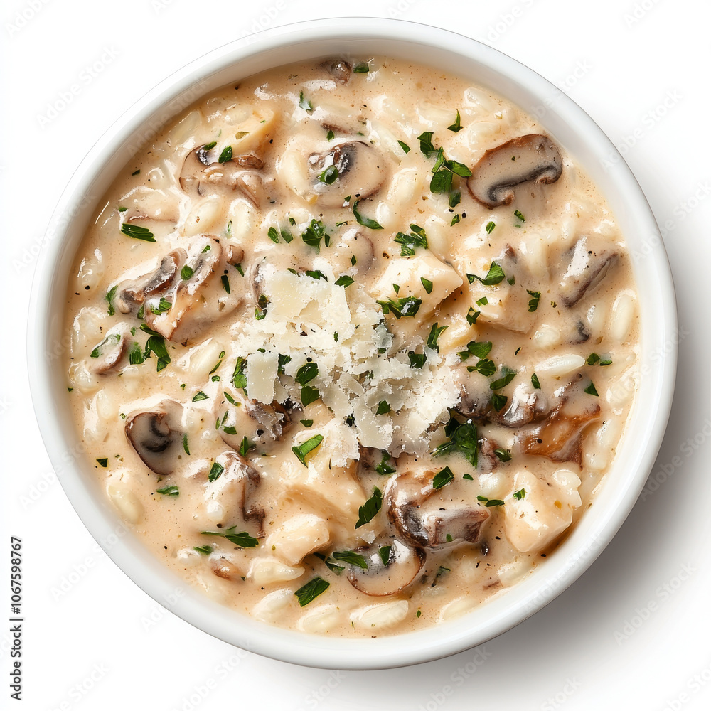 A bowl of creamy mushroom risotto with Parmesan, isolated on a white background, showcasing a flavorful Italian dish A bowl of creamy mushroom risotto with Parmesan, isolated on a white background, showcasing a flavorful Italian dish