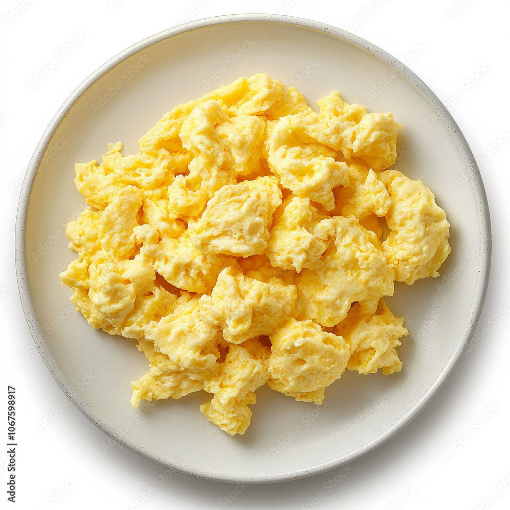 A plate of fluffy scrambled eggs, isolated on a white background, showcasing a breakfast favorite A plate of fluffy scrambled eggs, isolated on a white background, showcasing a breakfast favorite