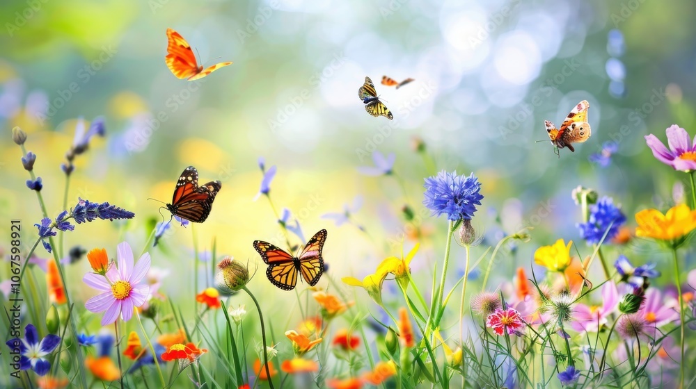 A vibrant meadow with butterflies, bees, and a variety of wildflowers, capturing the essence of spring A vibrant meadow with butterflies, bees, and a variety of wildflowers, capturing the essence of spring