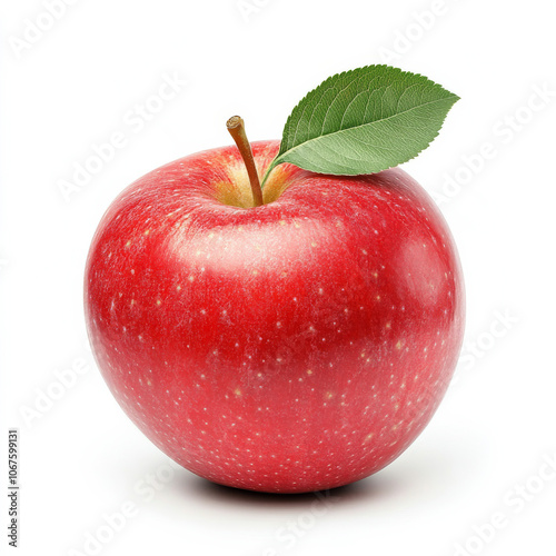 A ripe red apple with a green leaf attached, isolated on a white background, showcasing its vibrant and fresh appeal