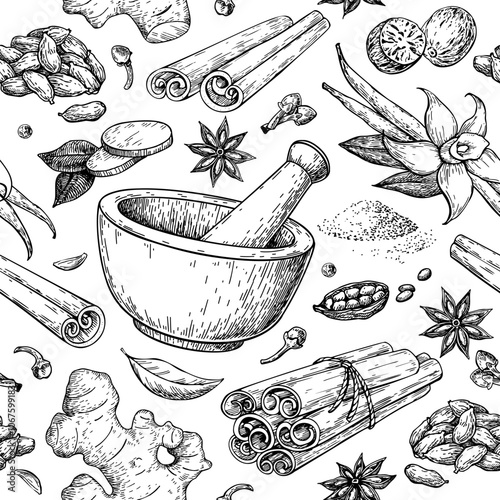 Winter spice seamless pattern, vector drawing. Flavoring seeds and herbs for christmas food and drinks.