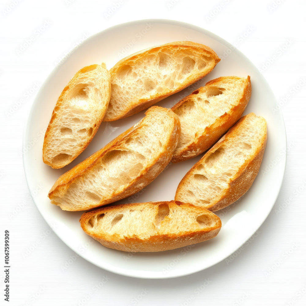 A plate of fresh baguette slices, isolated on a white background, highlighting a classic bread A plate of fresh baguette slices, isolated on a white background, highlighting a classic bread