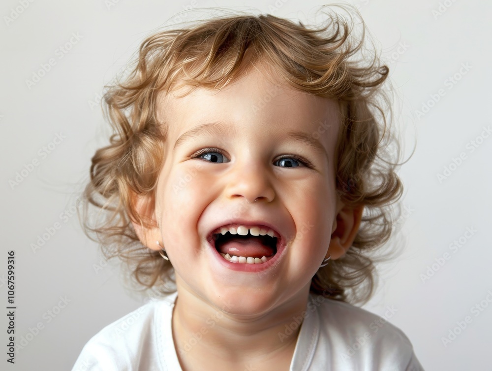 Close-up of a playful child with a white background, laughing and showing their personality Close-up of a playful child with a white background, laughing and showing their personality