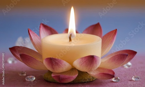 Lit candles surrounded by lotus flowers and clear crystals, creating a soothing and spiritual ambiance, perfect for meditation or relaxation settings