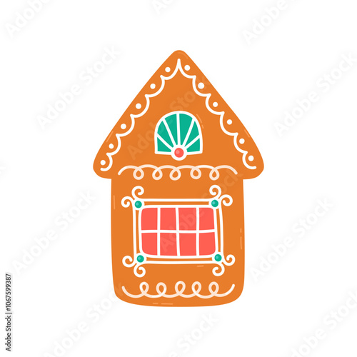 Gingerbread house, traditional Christmas cookie. Cute Xmas festive treat illustration. Flat and doodle elements