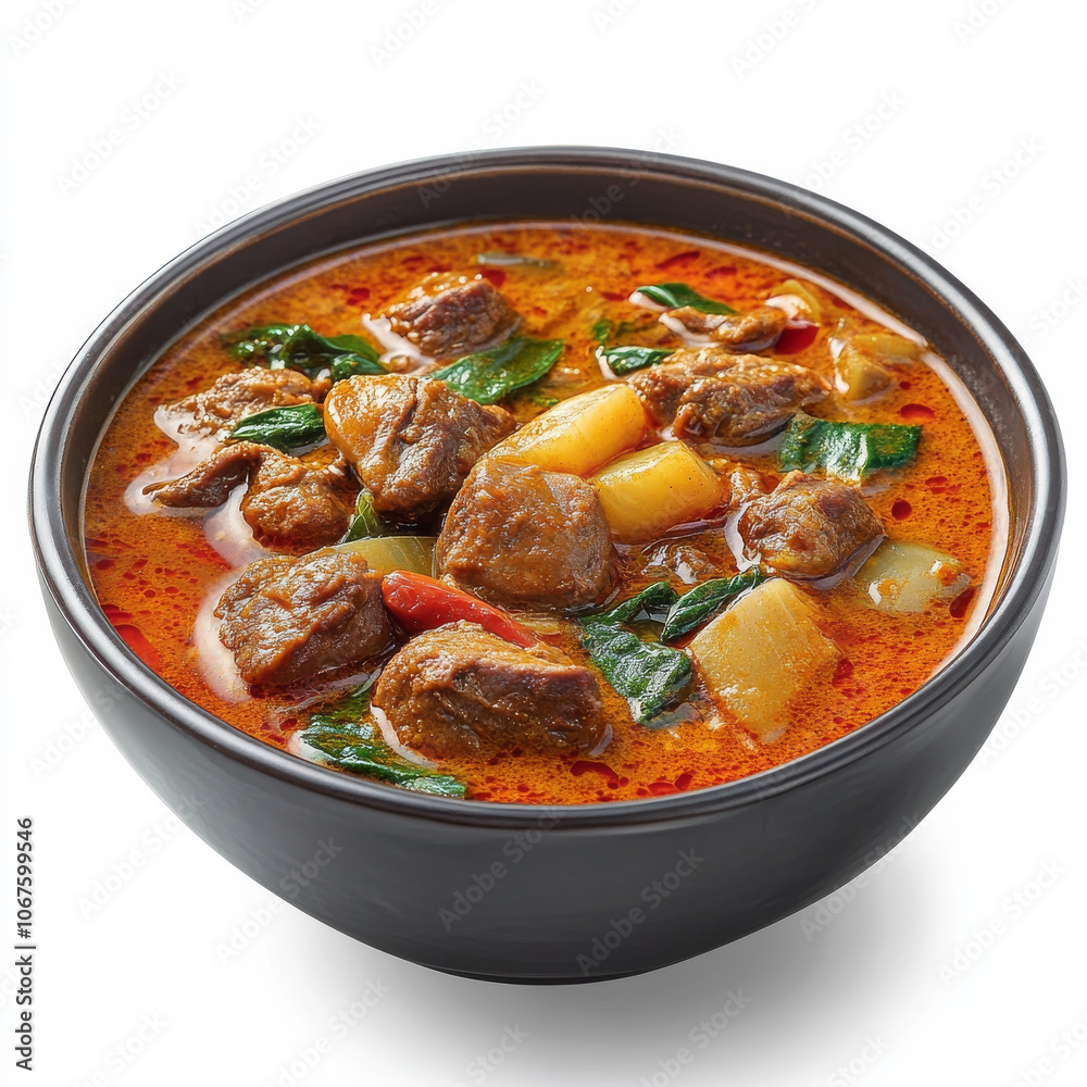 A bowl of flavorful curry with visible spices, isolated on a white background, showcasing a vibrant dish A bowl of flavorful curry with visible spices, isolated on a white background, showcasing a vibrant dish
