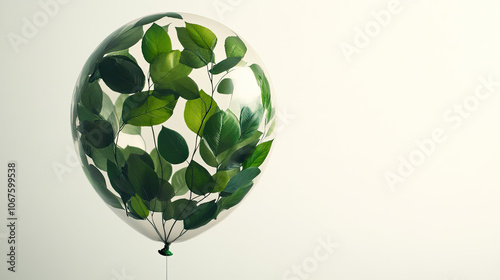 A balloon filled with green leaves on a white background, symbolizing nature and celebration.