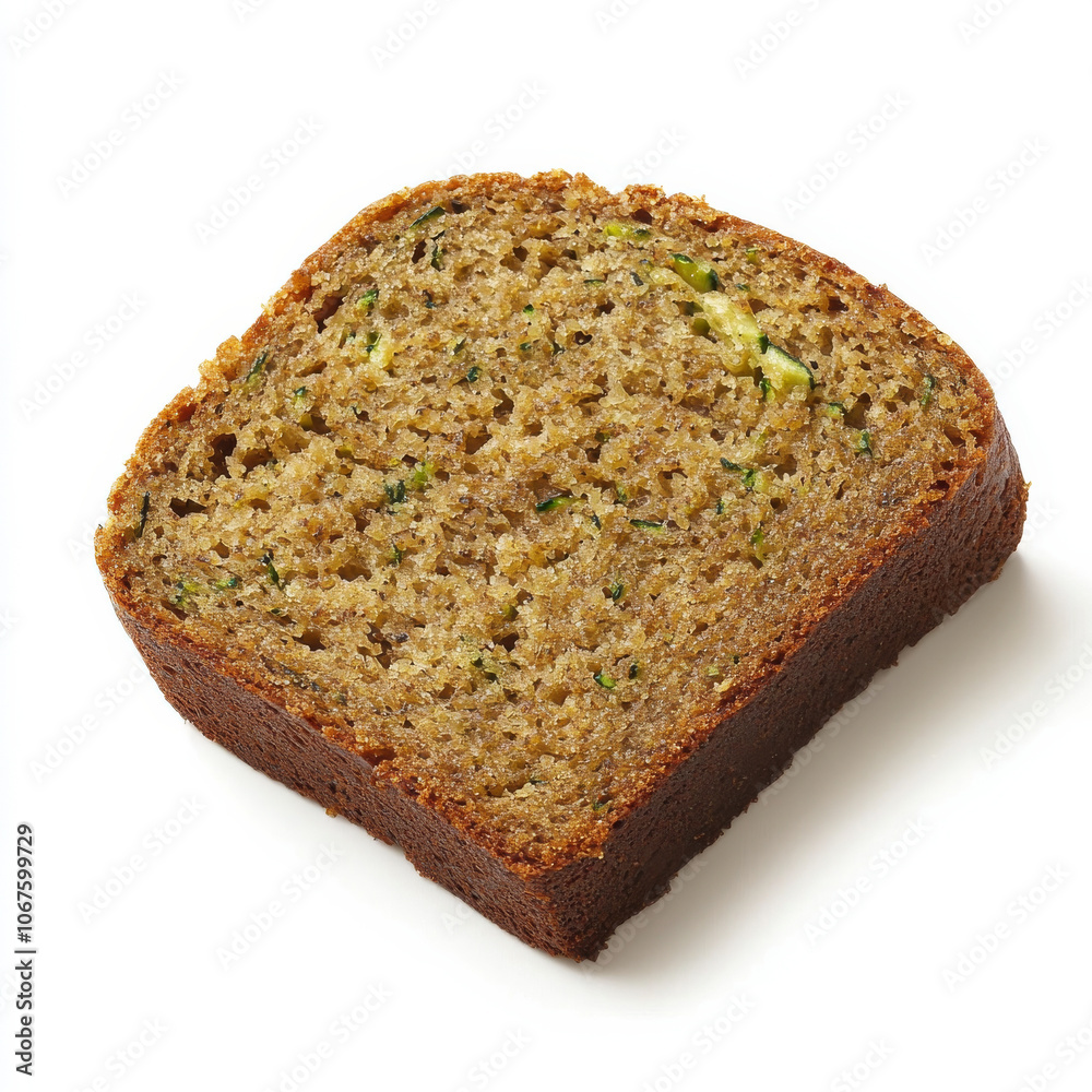 A slice of fresh zucchini bread, isolated on a white background, highlighting a nutritious baked good A slice of fresh zucchini bread, isolated on a white background, highlighting a nutritious baked good