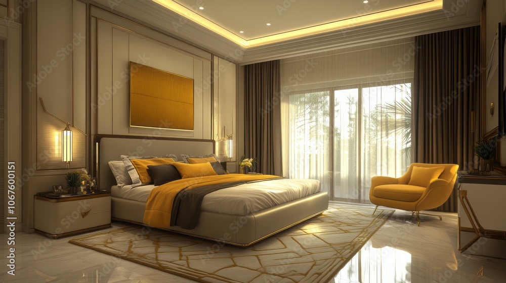 Modern Luxurious Bedroom Interior with Golden Accents and a Yellow Accent Chair Modern Luxurious Bedroom Interior with Golden Accents and a Yellow Accent Chair