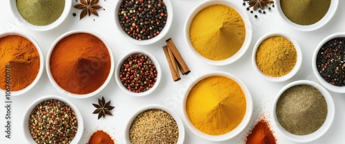 Fototapeta Naklejka Na Ścianę i Meble -  Abstract patterns of colorful spices spread out on a white background with texture and sharpness in each granule