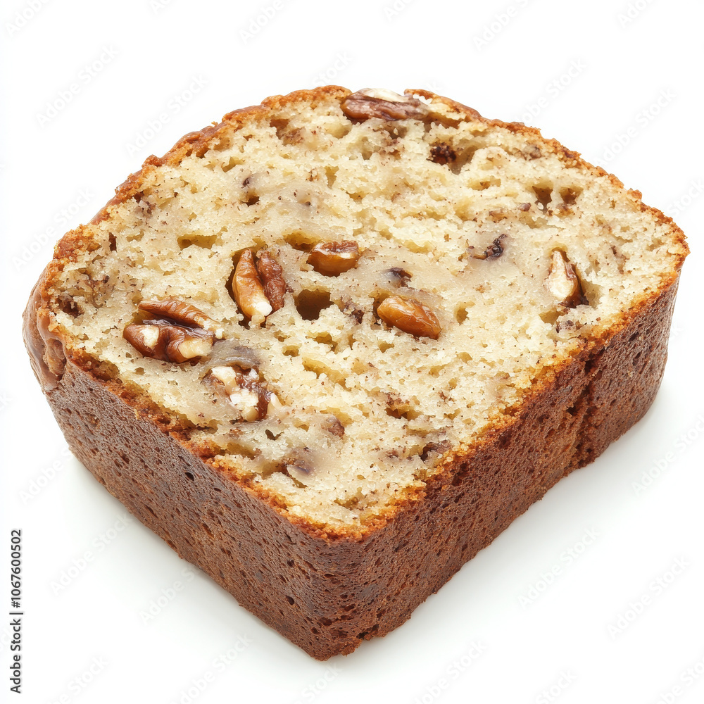 A slice of freshly baked banana bread, isolated on a white background, showcasing a sweet and moist treat A slice of freshly baked banana bread, isolated on a white background, showcasing a sweet and moist treat