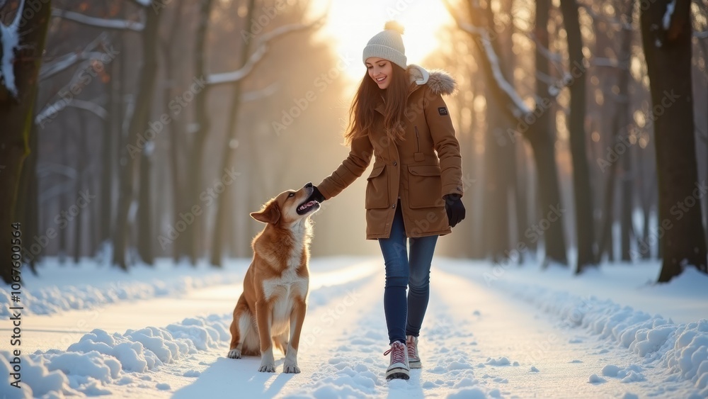 A Woman Walks Her Dog Through a Snowy Forest Path at Sunset With Golden Light Illuminating the Trees in Winter A Woman Walks Her Dog Through a Snowy Forest Path at Sunset With Golden Light Illuminating the Trees in Winter
