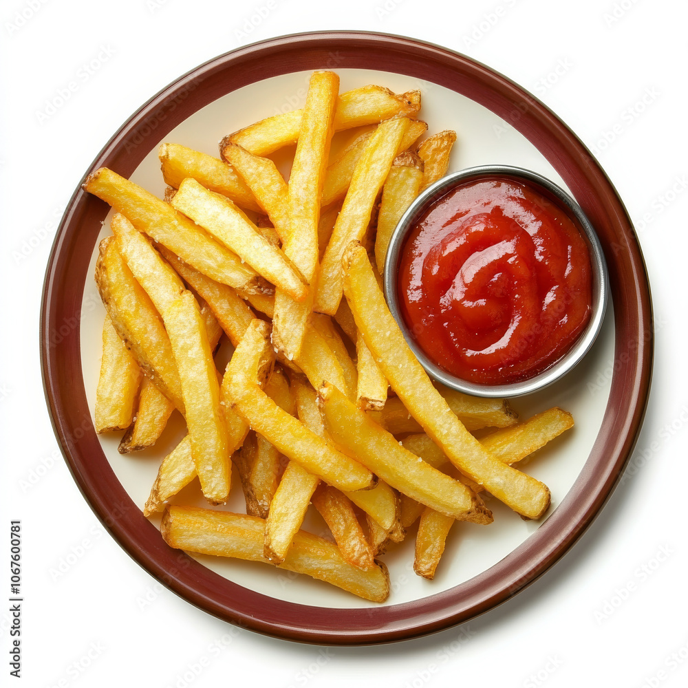 A plate of French fries with ketchup, isolated on a white background, showcasing a classic side