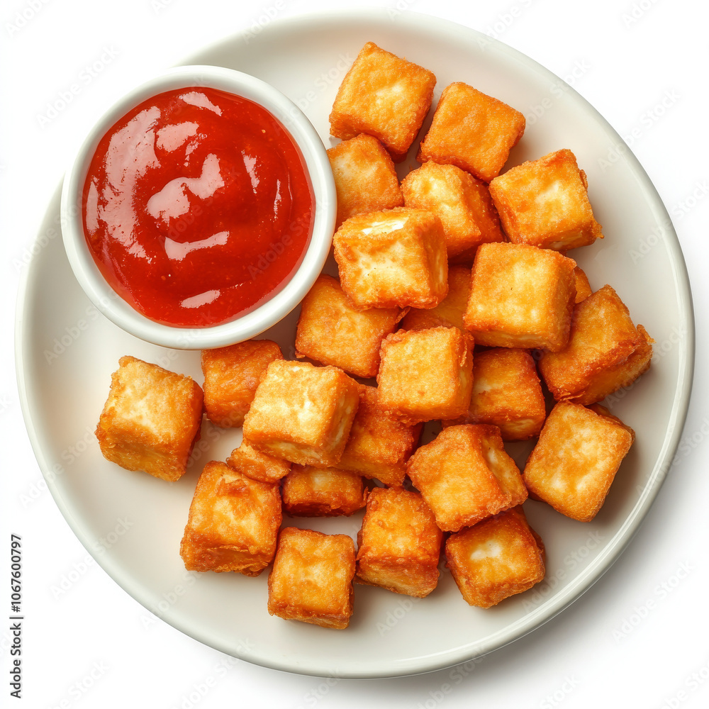 A plate of crispy tofu bites with sauce, isolated on a white background, showcasing a vegetarian snack A plate of crispy tofu bites with sauce, isolated on a white background, showcasing a vegetarian snack