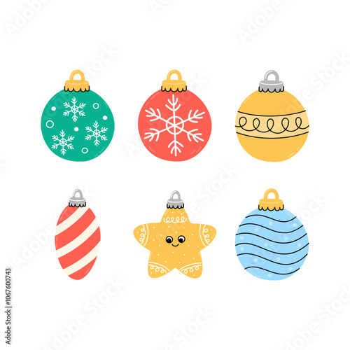 Cute Christmas ornaments vector illustration. Colorful baubles and smiling star isolated elements for Xmas holiday decorations, festive designs, and seasonal greetings. Flat and doodle elements