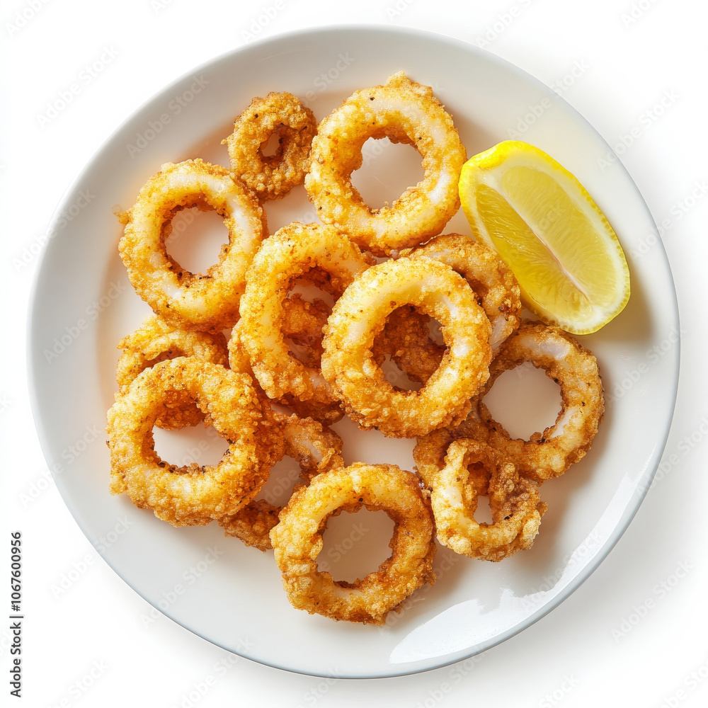 A plate of crispy calamari rings with lemon wedges, isolated on a white background, showcasing a popular seafood appetizer A plate of crispy calamari rings with lemon wedges, isolated on a white background, showcasing a popular seafood appetizer
