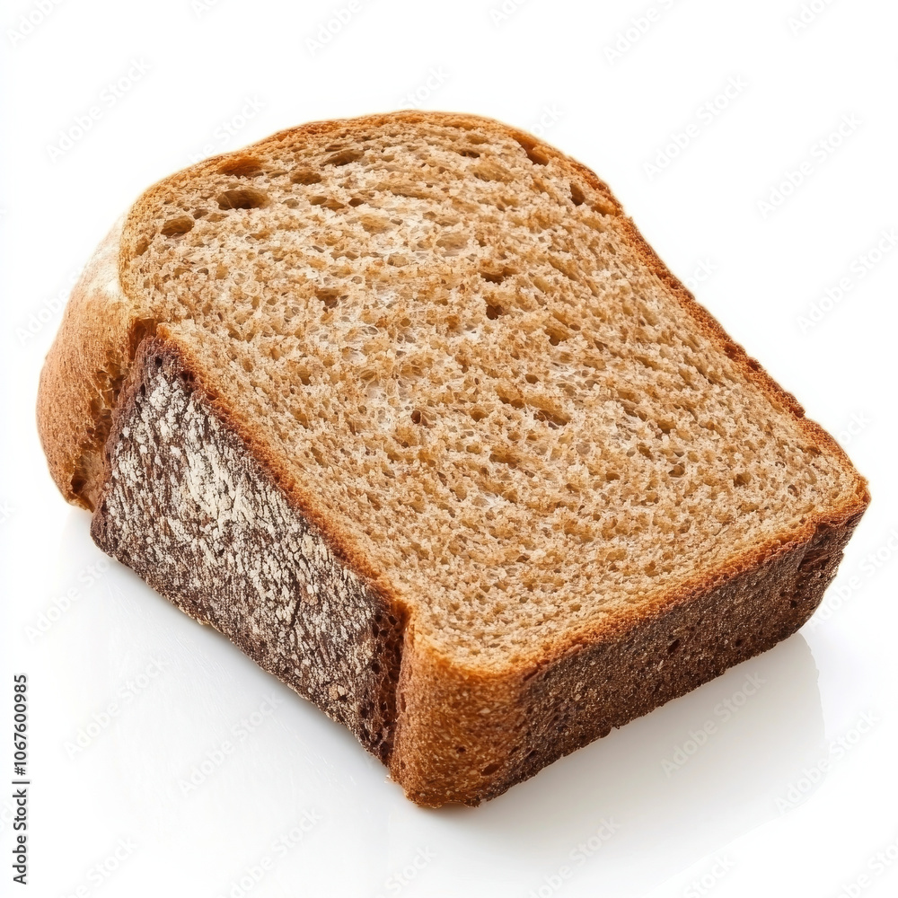 A single slice of whole wheat bread, isolated on a white background, emphasizing a healthy bread option A single slice of whole wheat bread, isolated on a white background, emphasizing a healthy bread option