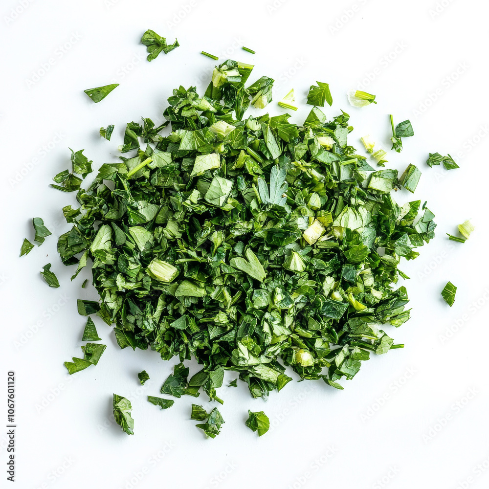 Obraz premium A handful of freshly chopped parsley, isolated on a white background, highlighting a versatile herb