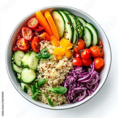 A bowl of quinoa with colorful vegetables, isolated on a white background, showcasing a nutritious meal option photo