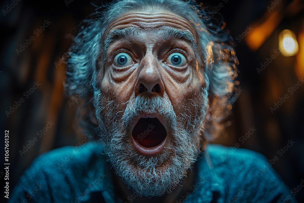 Astonished elderly man with wide eyes in dramatic lighting Astonished elderly man with wide eyes in dramatic lighting