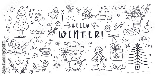 Wallpaper Mural Fir tree, stars, dots, snow,  line drawing,  black symbols. Holiday design elements are isolated on white background. Simple shape conceptfor winter season cards, for  party poster, banner, print. png Torontodigital.ca