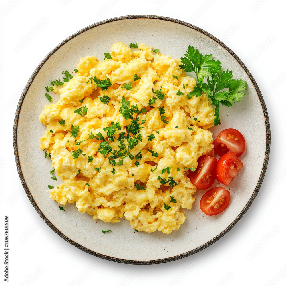 A plate of fluffy scrambled eggs, isolated on a white background, showcasing a breakfast favorite A plate of fluffy scrambled eggs, isolated on a white background, showcasing a breakfast favorite