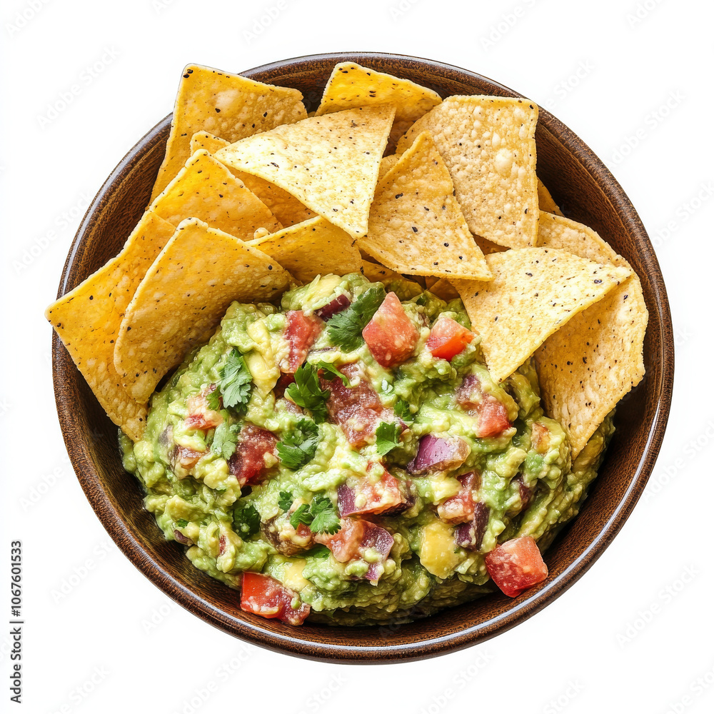 A bowl of creamy guacamole with fresh tortilla chips, isolated on a white background, showcasing a popular dip A bowl of creamy guacamole with fresh tortilla chips, isolated on a white background, showcasing a popular dip
