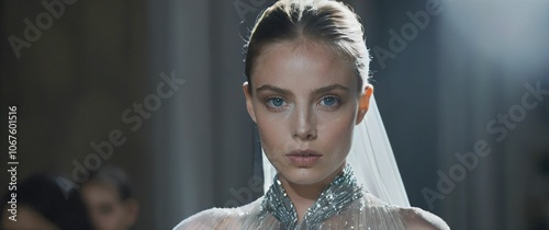 Fashion model with sharp eyes in a closeup draped in a couture dress made entirely of lightemitting fabrics photo