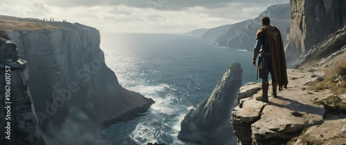 Gaming wallpaper with a hero standing on a crumbling cliff