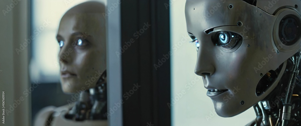 Humanoid robot in a closeup contemplating a mirror its sharp eyes reflecting humanlike curiosity Humanoid robot in a closeup contemplating a mirror its sharp eyes reflecting humanlike curiosity
